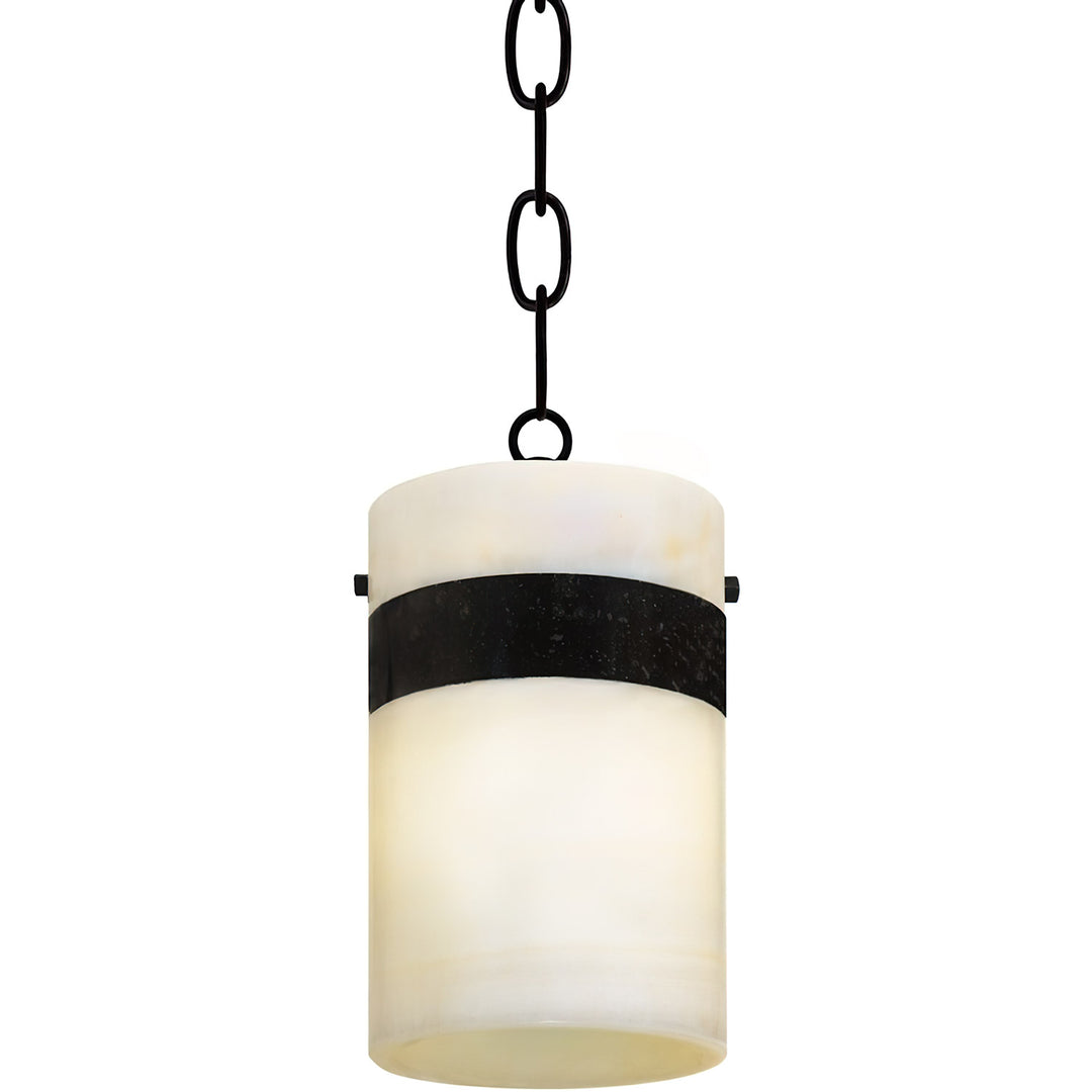 Fandango Alabaster Pendant Light wrought iron alabaster designer pendant with cylindrical stone shade and iron band