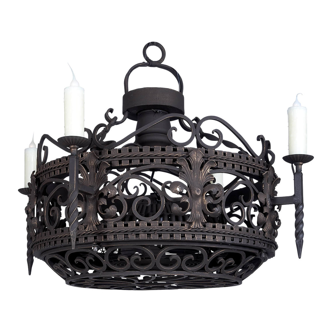 Fandelier round hammered iron chandelier with built in fan and candle lights handcrafted by ashore lighting in dallas texas