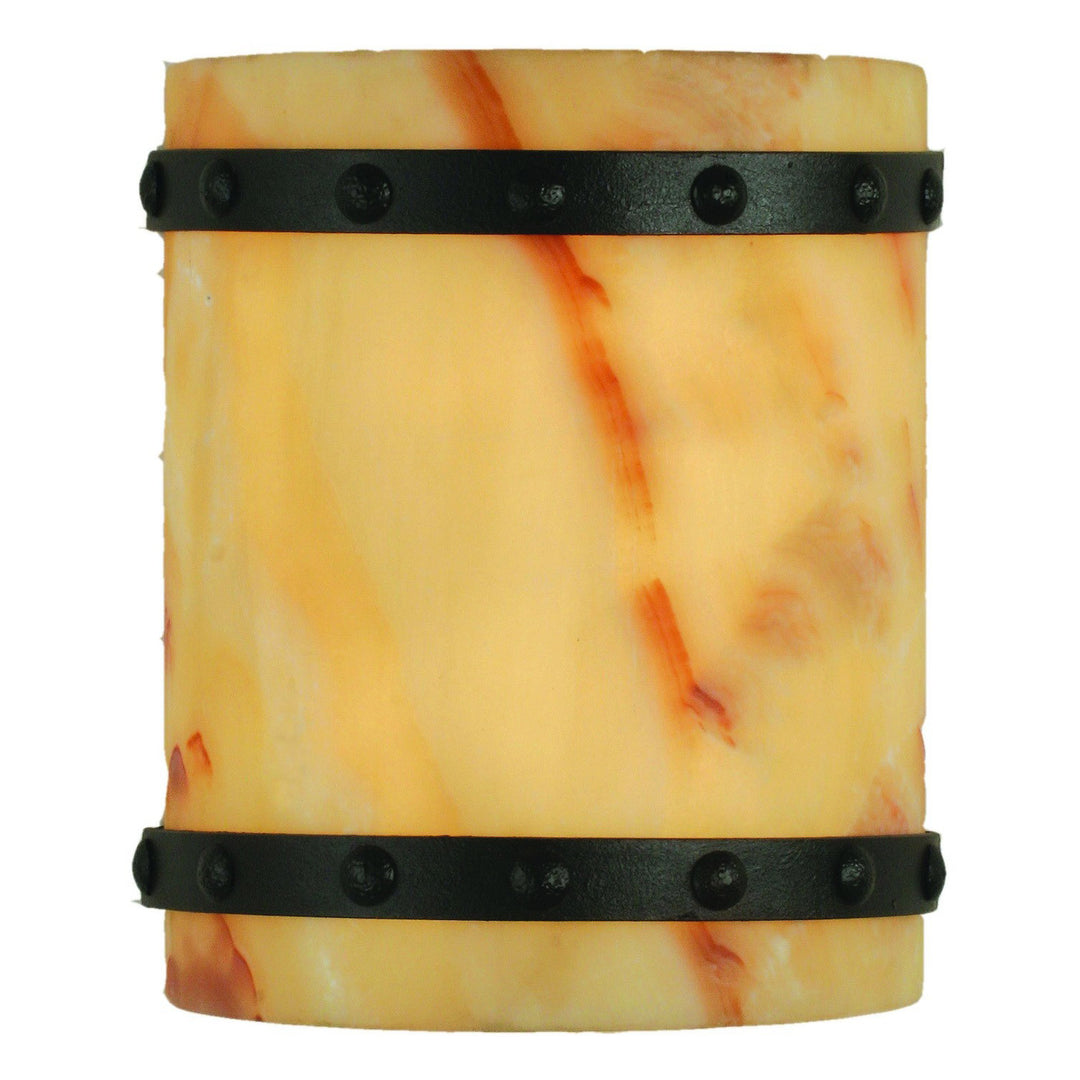 Fiore round wrought iron alabaster wall sconce with a curved warm-veined stone face and two rivet-detailed horizontal iron bands.