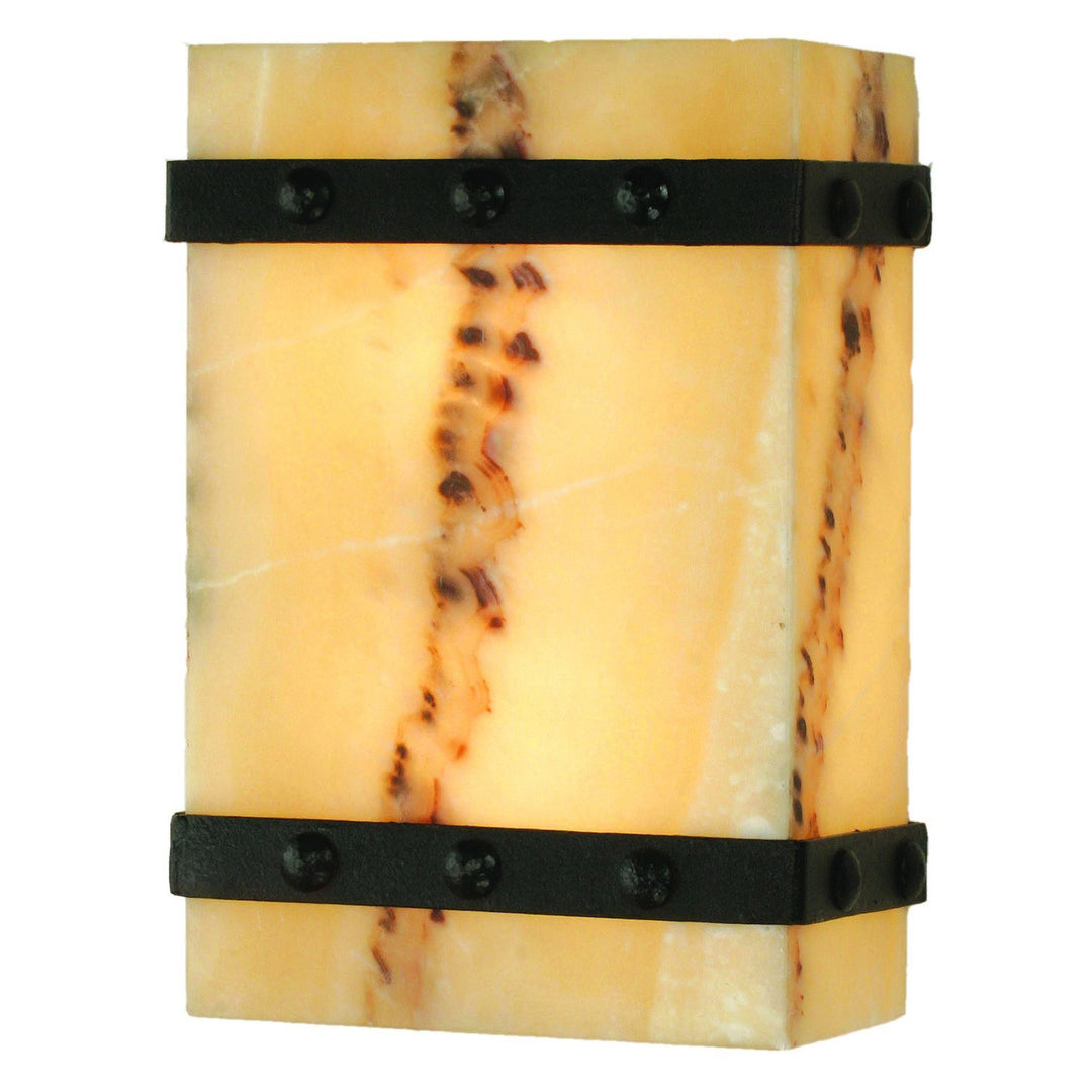 square wrought iron alabaster wall sconce with iron band detailing and natural stone panels, handcrafted lighting by manufacturer in Dallas Texas