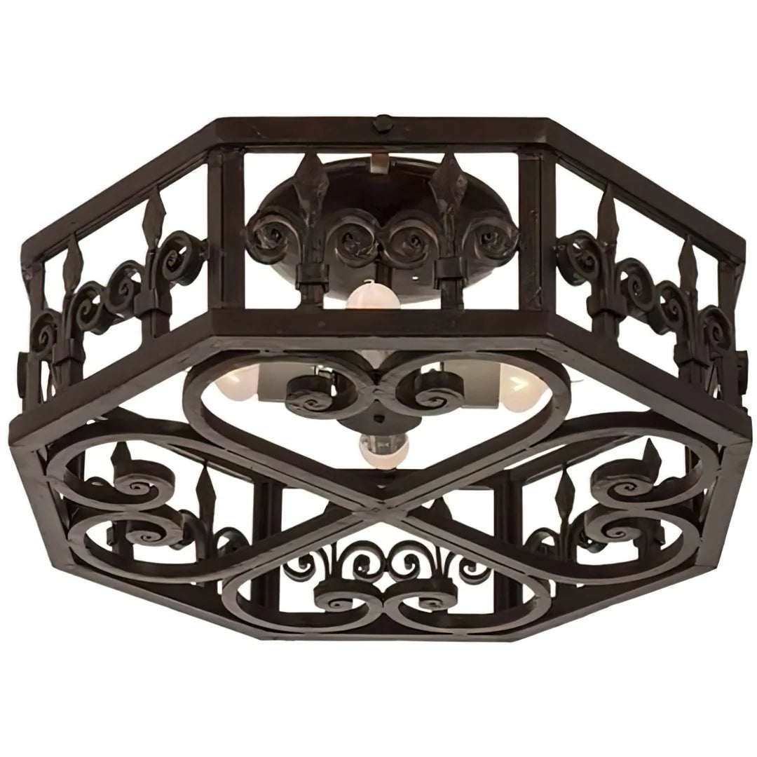 Forged iron flush mount ceiling light with octagonal frame, open scrollwork, leaf accents, and dark artisan finish