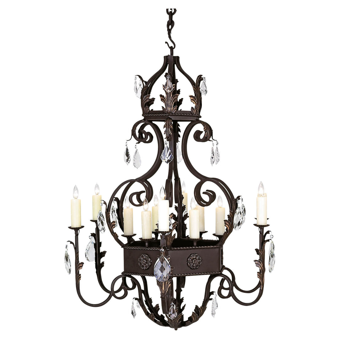 Florence Heritage six-arm wrought iron chandelier with 12 candle-style lights, central rosette band and suspended faceted crystal drops.