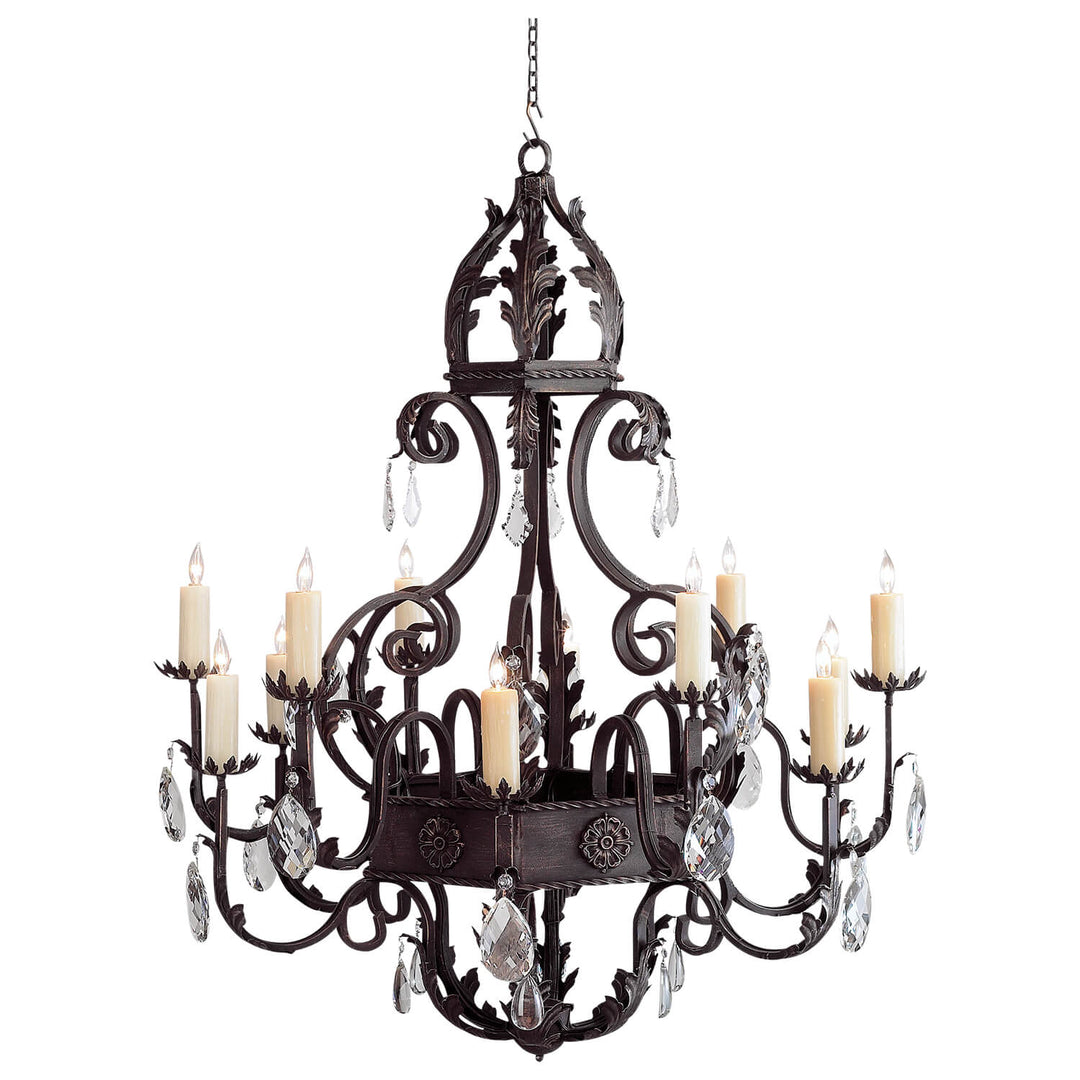 Florence 12-light wrought iron crystal chandelier with sculptural scrolling arms, ornamental crown, and suspended faceted crystal drops.