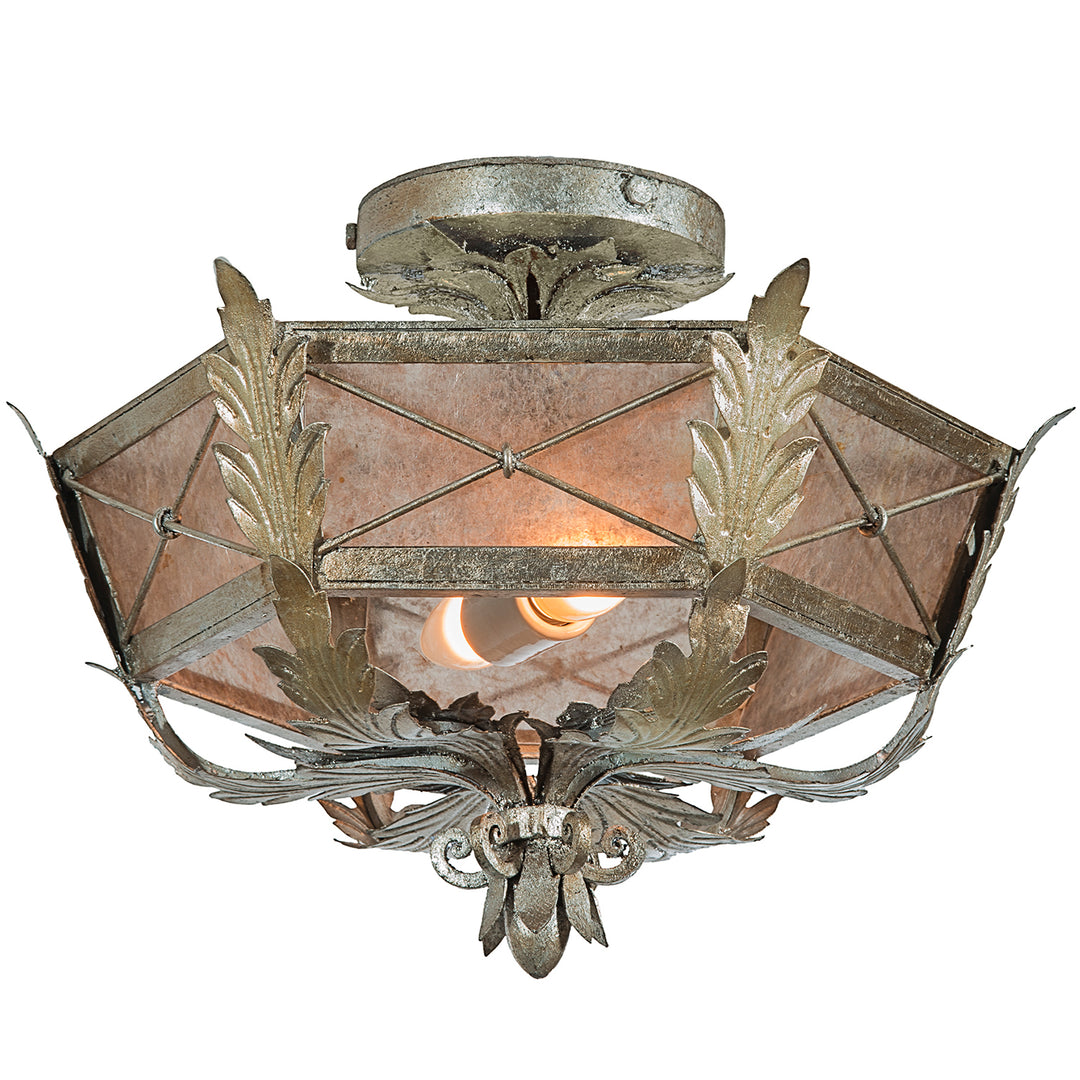 FM-1621 wrought iron flush mount designer ceiling light with leaf ornament, cross-braced panels, and artisan finish