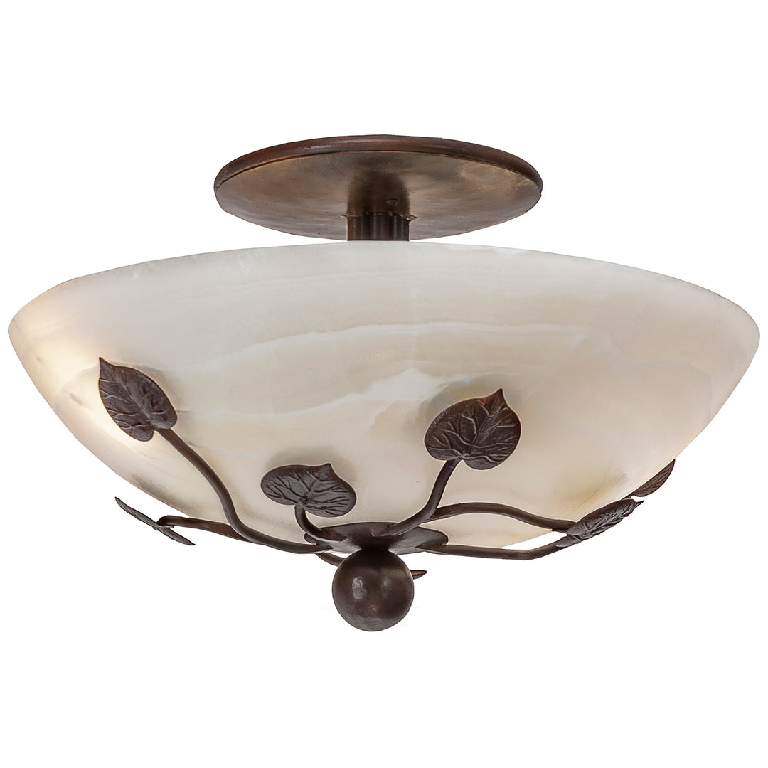 The FM-1665 alabaster flush mount ceiling light with natural stone bowl, vine-and-leaf ironwork, rounded finial, and artisan finish