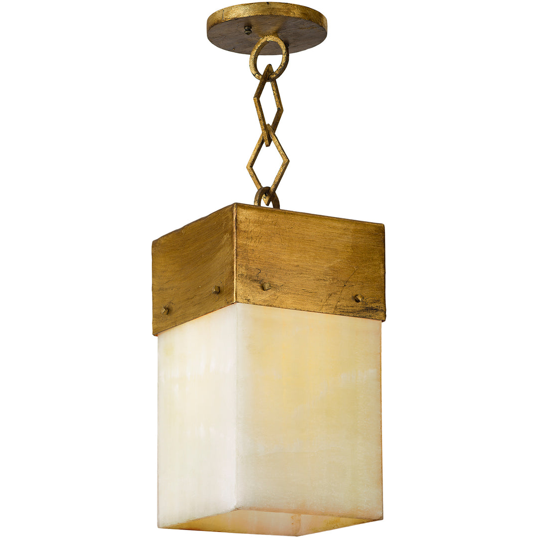 FM-1843 alabaster designer pendant light fixture with square natural stone shade, geometric chain, and hand-applied finish