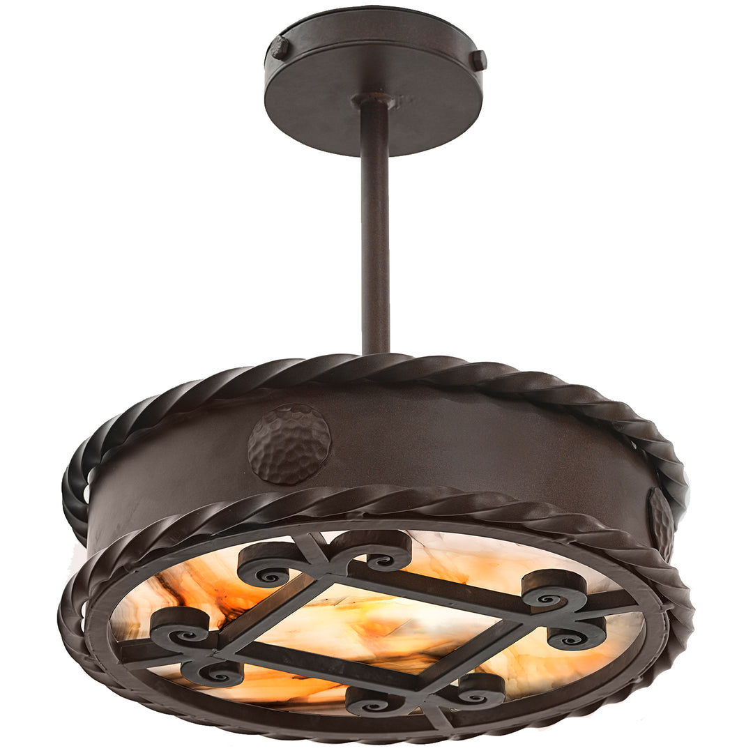 FM-2146 artisan flush mount ceiling light with wrought iron frame, alabaster diffuser, scrollwork, and rope-edge detail