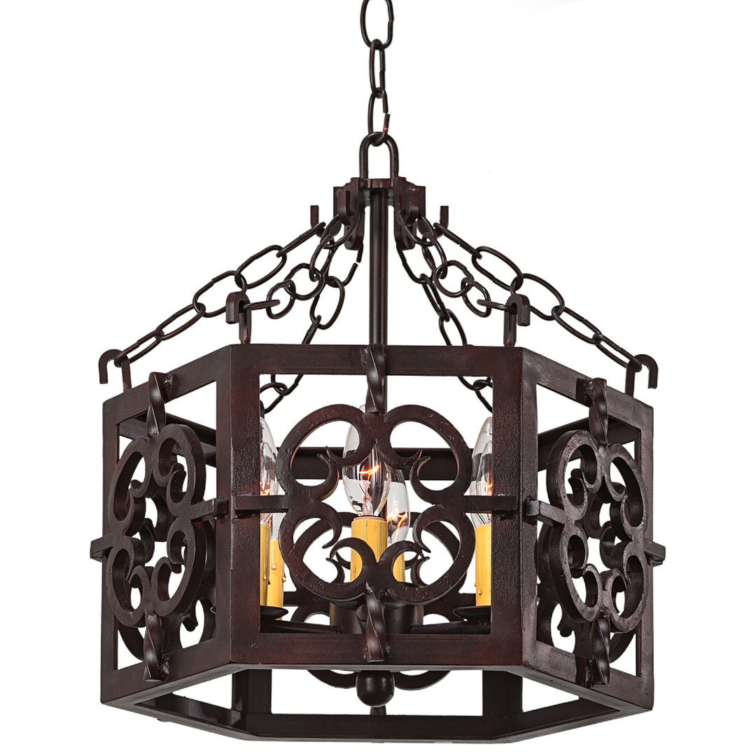 The FM-2770 wrought iron flush mount designer ceiling light with open lantern frame, scrollwork panels, chains, and artisan finish