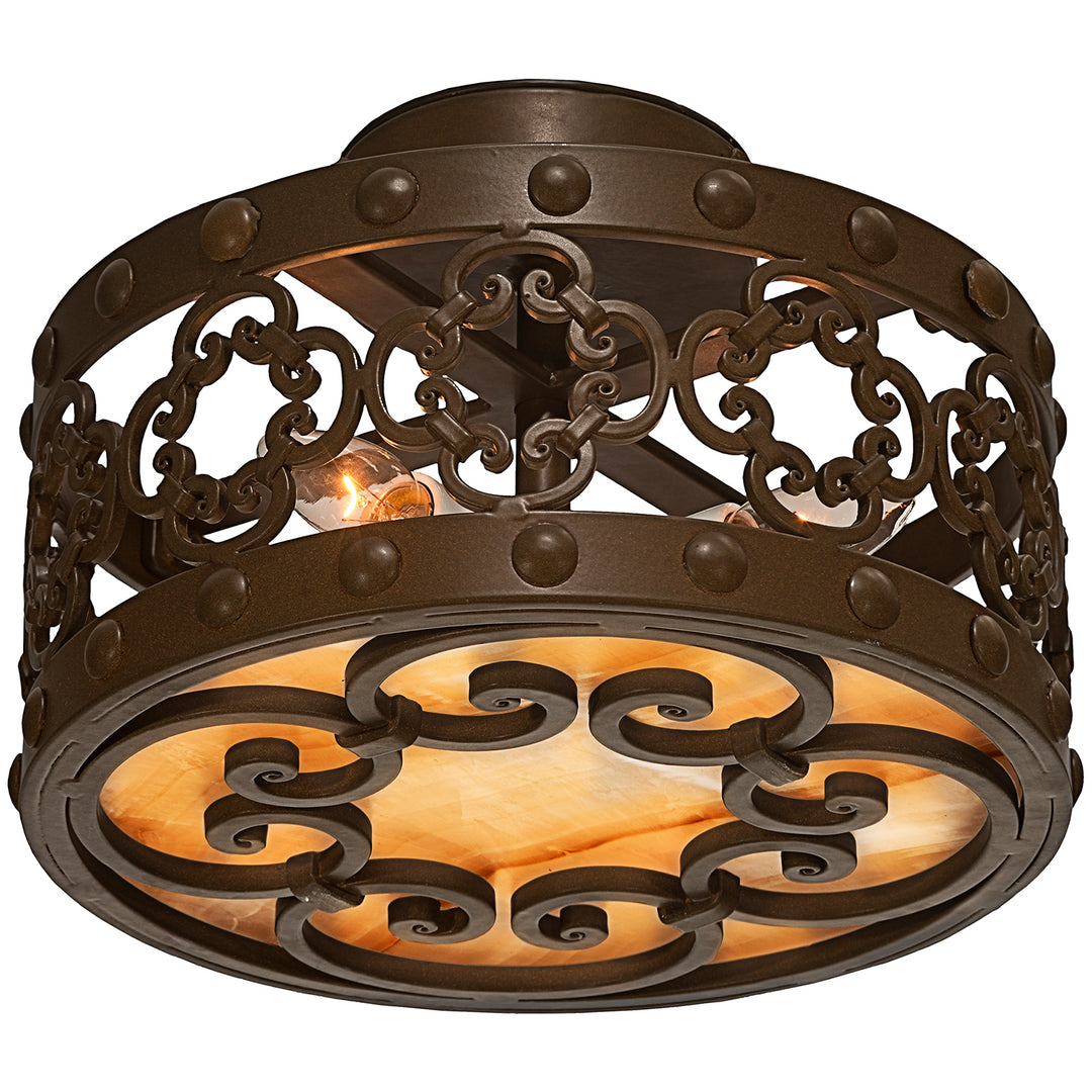 FM-2986 wrought iron flush mount ceiling light fixture with ornate scrollwork, alabaster diffuser, studded band, and artisan finish