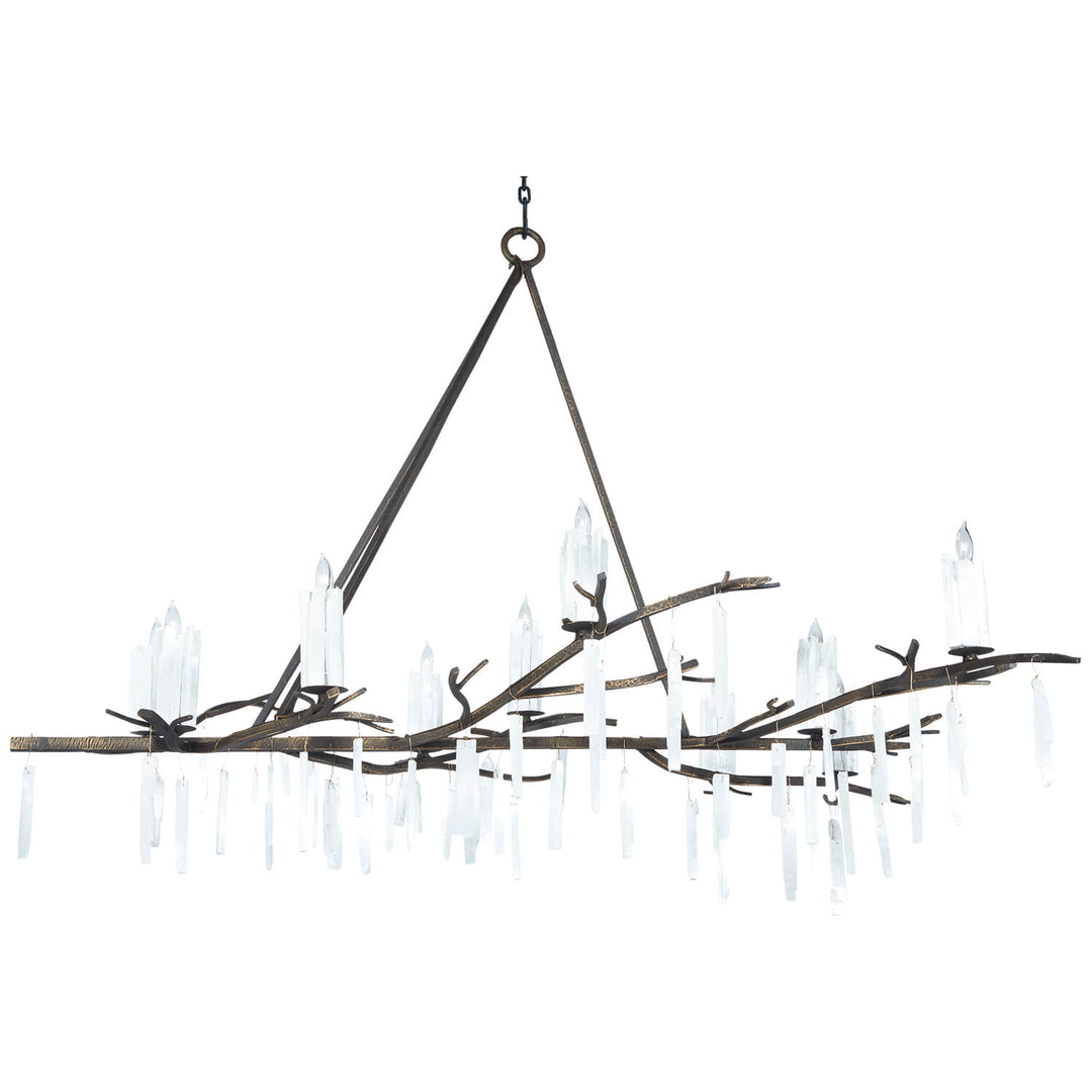 Forest sculptural wrought iron chandelier with branching horizontal arms, candle-style lights and suspended translucent accents.