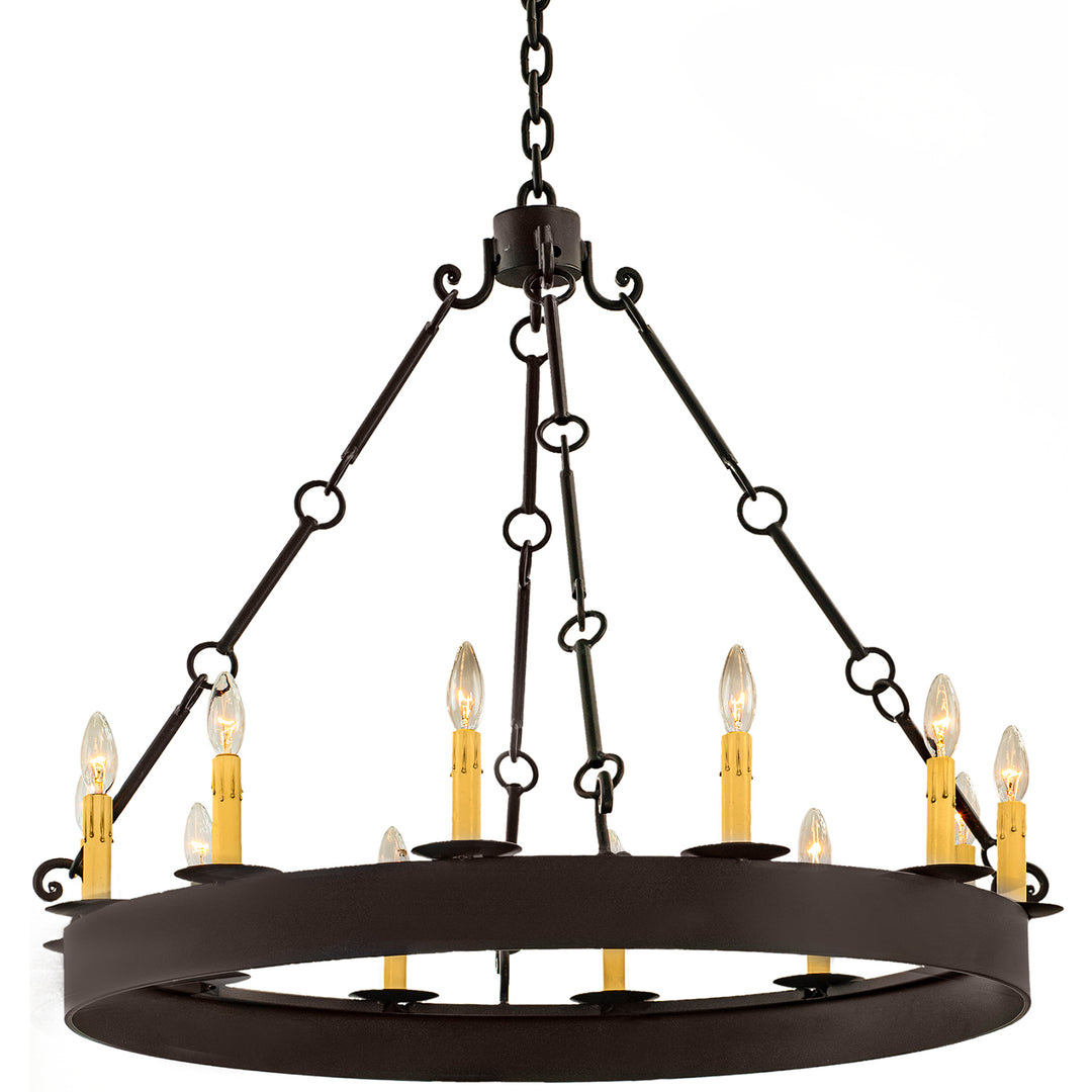 Franco single-tier wrought iron chandelier with circular iron ring, suspended framework, and evenly spaced candle-style lights.