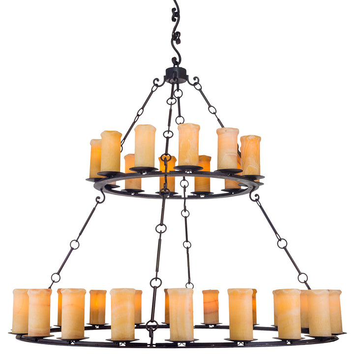 Franco grand-scale two-tier wrought iron chandelier with glowing Amber alabaster shades, open ring construction, and dark iron finish.
