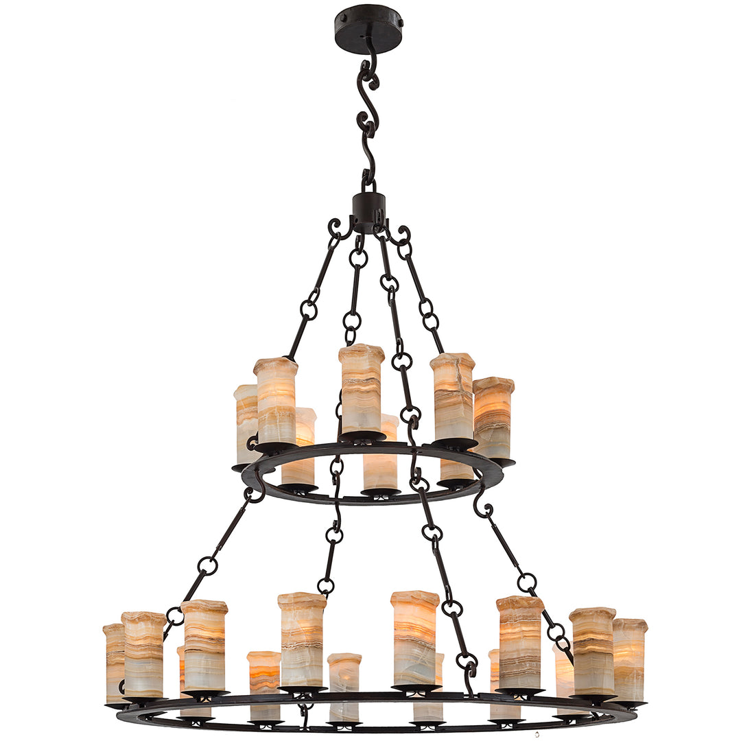 Franco two-tier wrought iron chandelier with Amber with Red Veining alabaster shades, open circular frames, and dark artisan ironwork.