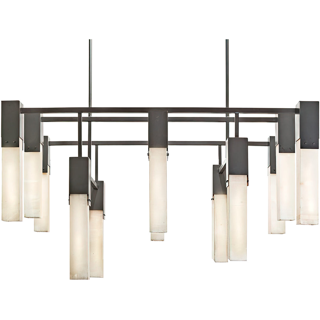 Frisco linear wrought iron alabaster chandelier with staggered natural stone lights suspended from an architectural iron grid.