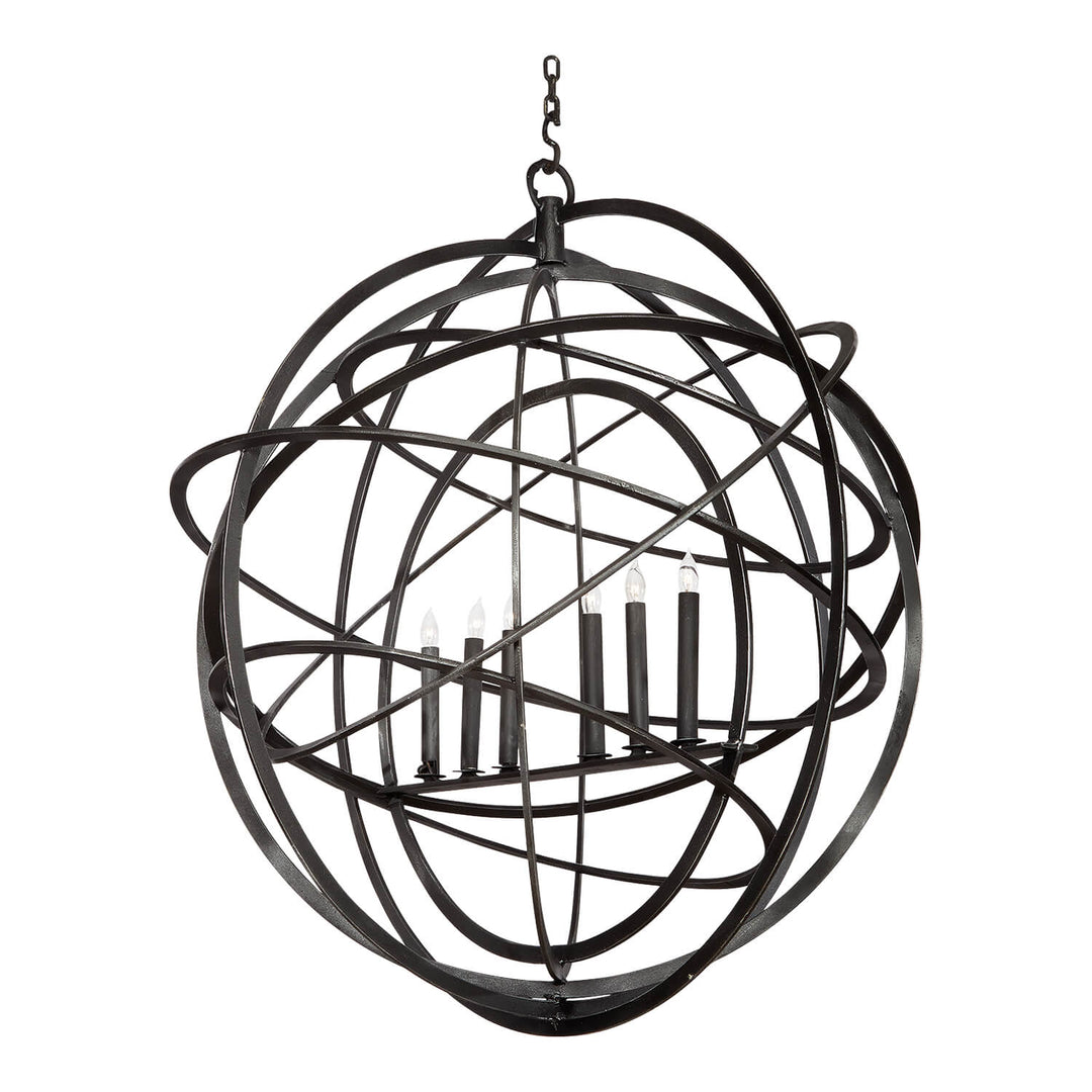 Galaxy sculptural wrought iron orb chandelier with intersecting iron bands surrounding six candle-style lights in an open spherical form.