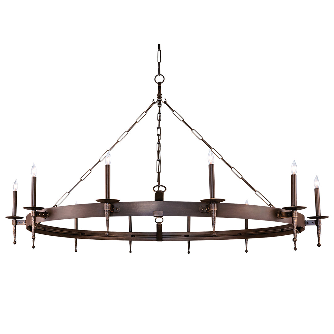 Geneva single-tier wrought iron chandelier with open circular ring, articulated chain suspension, forged details, and candle-style lights.