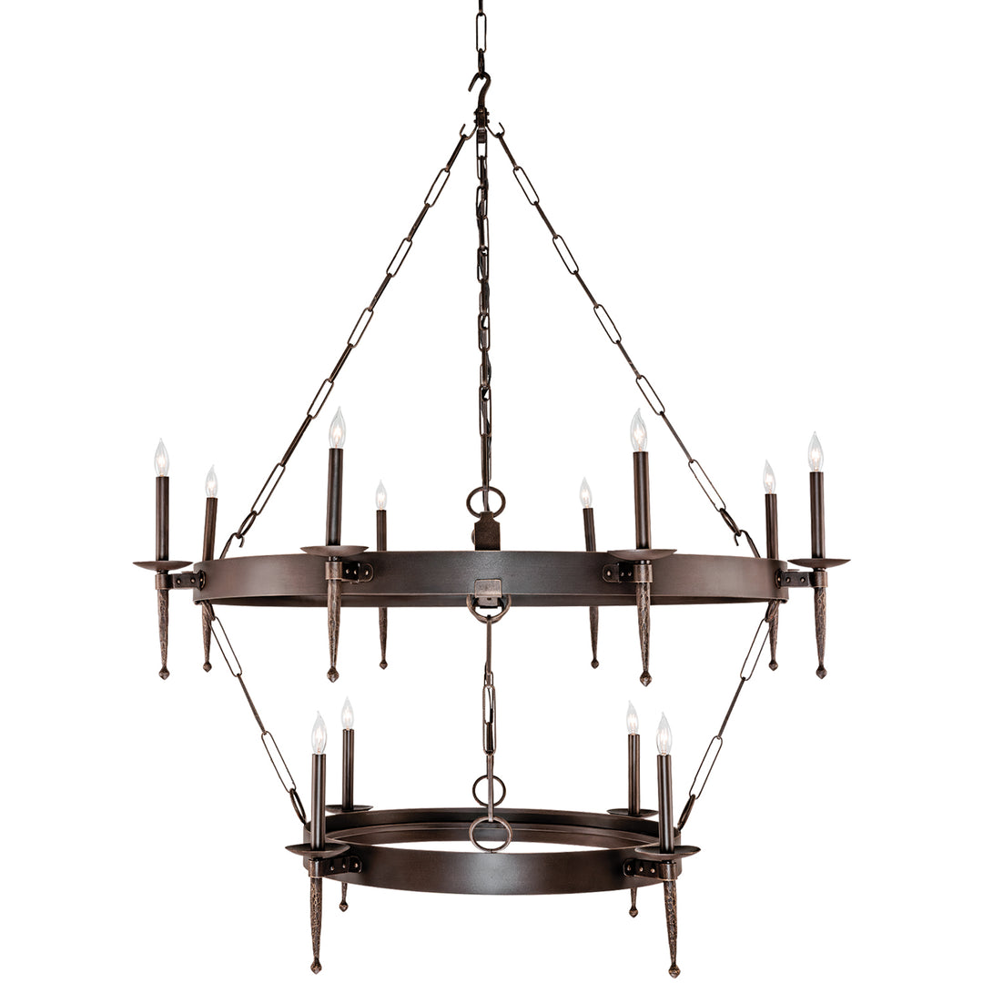 Geneva two-tier wrought iron chandelier with graduated circular rings, articulated chain suspension, and candle-style lights on both tiers.