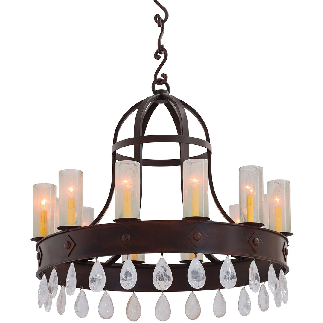 Gilded Crown wrought iron chandelier with 12 seeded-glass cylinder shades, arched crown framework and hanging rock-crystal drops.