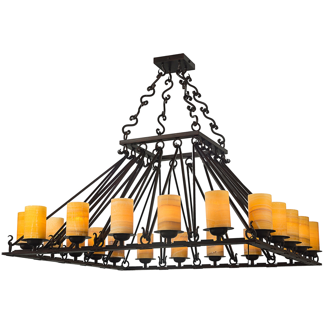 Gothica square wrought iron chandelier with illuminated natural alabaster shades, architectural suspension ironwork, and geometric frame.