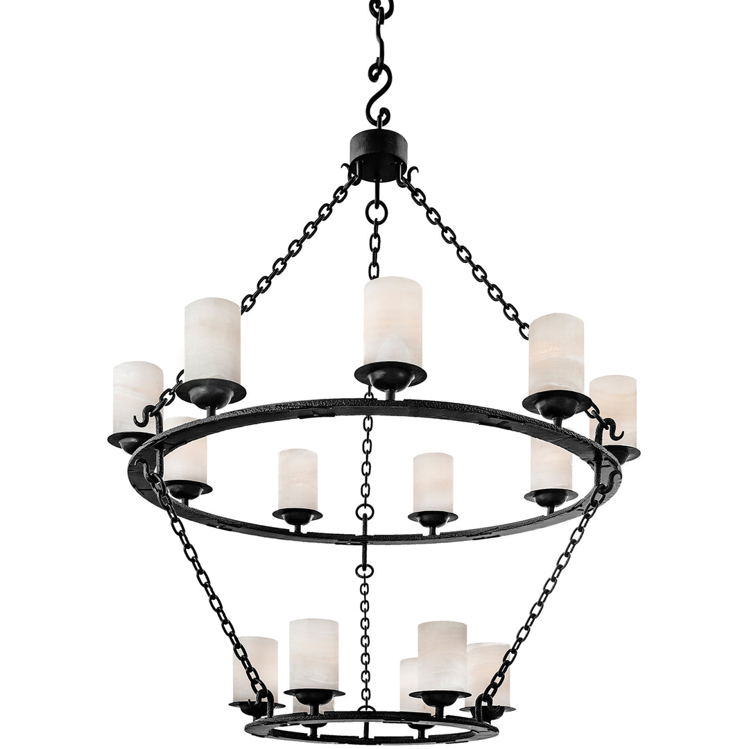 Gothica grand two-tier wrought iron chandelier with White alabaster shades, suspended circular rings, and dark artisan-finished ironwork.