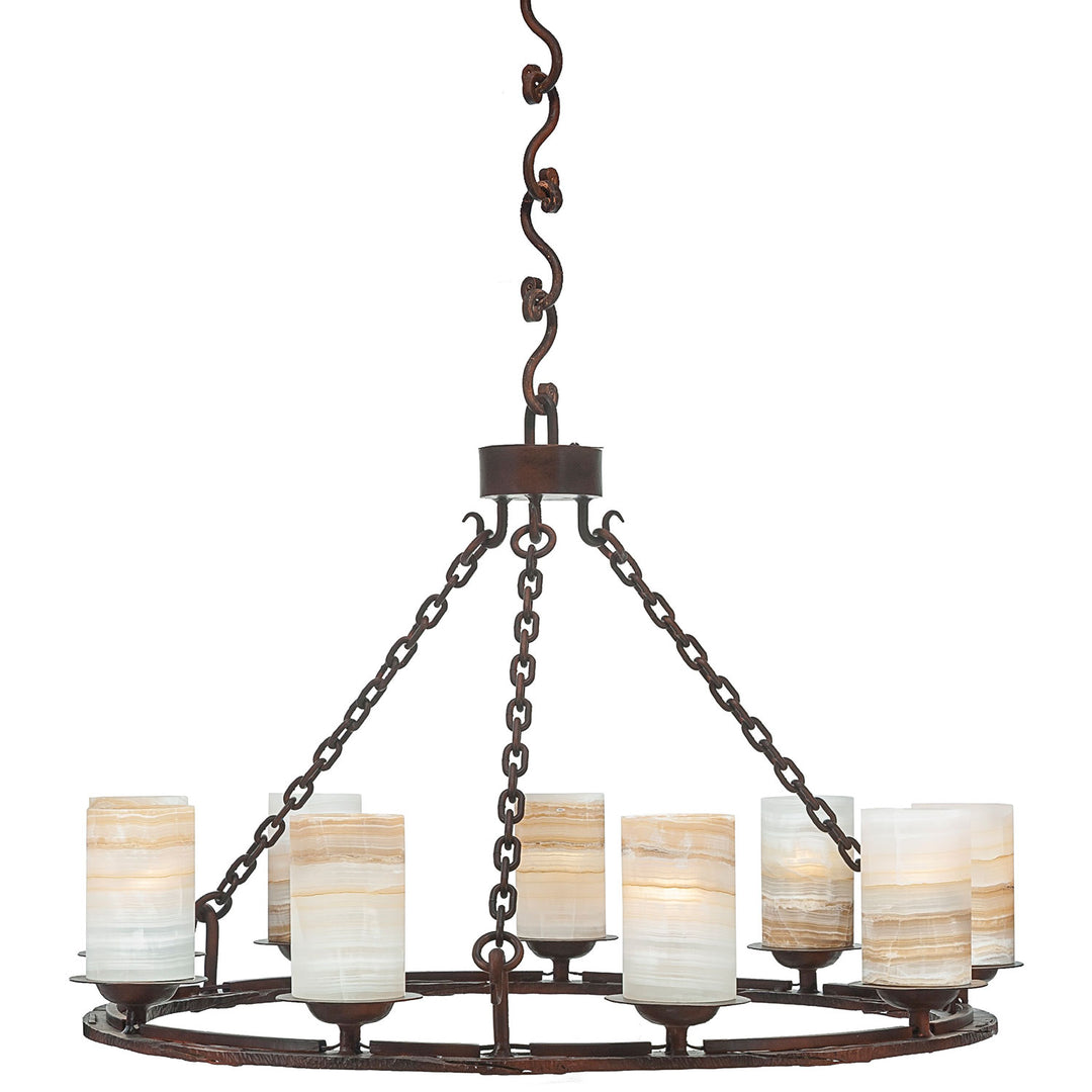 Gothica wrought iron ring chandelier with natural alabaster shades, substantial chain suspension, circular framing, and a dark artisan finish.