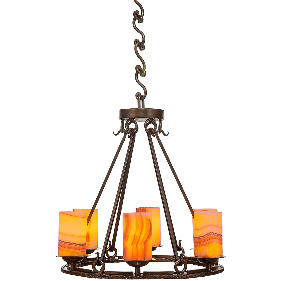 Gothica six-light wrought iron chandelier with glowing Amber with Red Veining alabaster shades and sculptural artisan-finished ironwork.