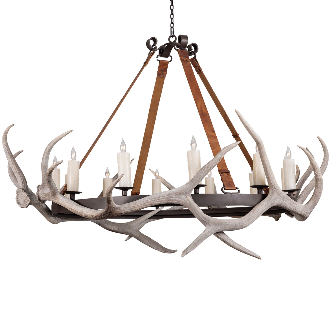 grande leather belt wrought iron antler chandelier round design with natural shed antlers handcrafted by ashore lighting dallas texas