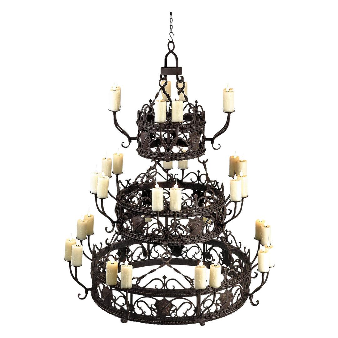 Grande Venice 3 tier round wrought iron chandelier with hammered detailing and 24 lights, handcrafted in Dallas with optional alabaster shades