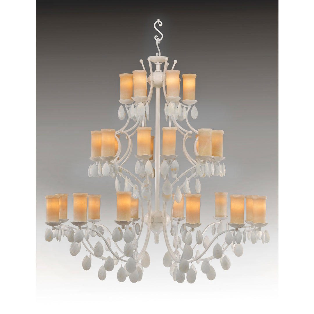 Greek three-tier wrought iron chandelier with 28 lights and natural alabaster shades arranged in a grand heirloom-scale silhouette.