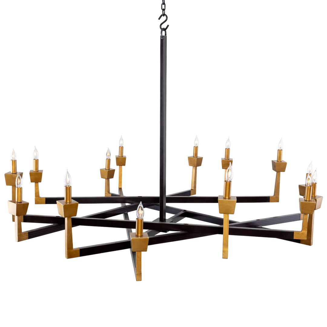 Gregorio architectural wrought iron chandelier with geometric radial frame and 14 raised candle lights in a contrasting finish.