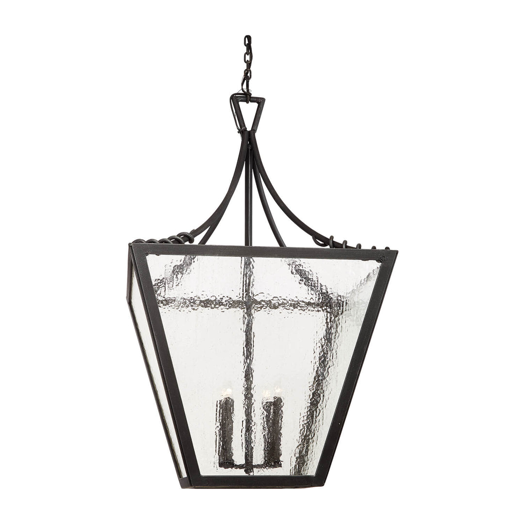 Gregorio Lantern wrought iron designer lantern with tapered frame, four lights, and clear or seeded glass panels