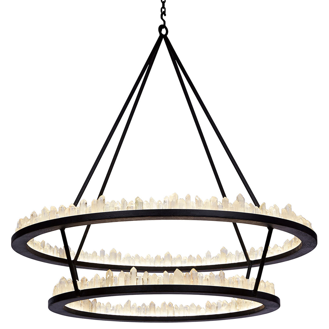 Halo two-tier wrought iron quartz chandelier with graduated circular rings crowned by natural quartz crystal formations.