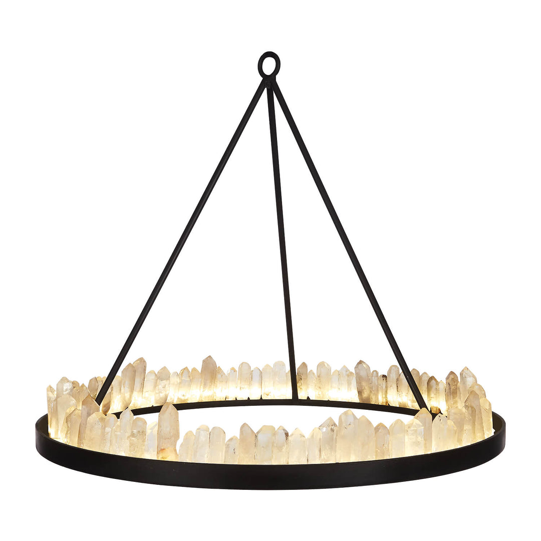 Halo wrought iron quartz chandelier featuring a circular iron ring crowned with natural quartz crystals creating radiant handcrafted lighting