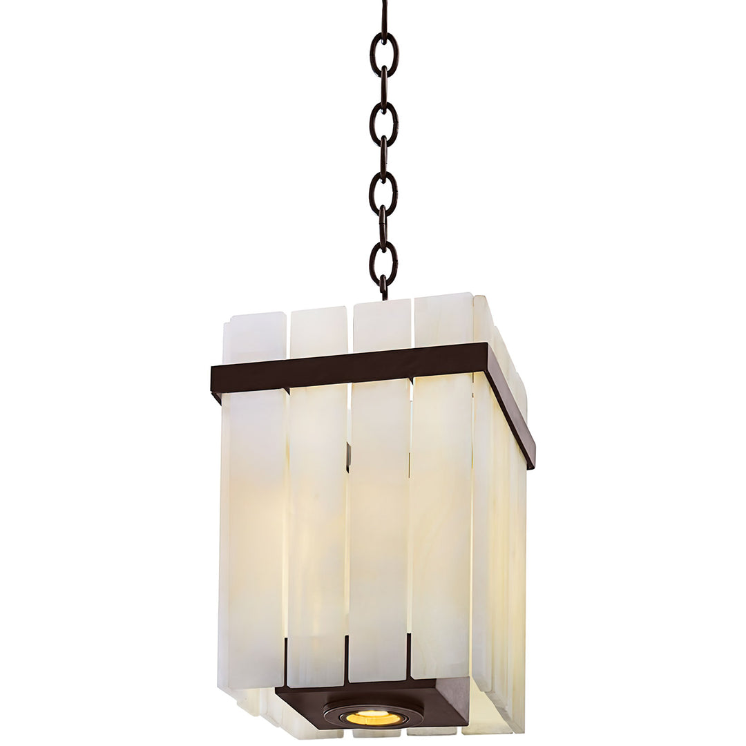 Harmony architectural alabaster pendant with layered natural stone panels and handcrafted wrought iron frame.