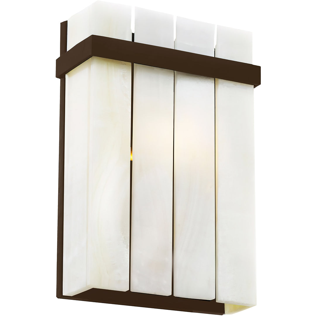 Harmony flush mount alabaster wall sconce with layered natural stone panels and handcrafted wrought iron frame, made in the USA.