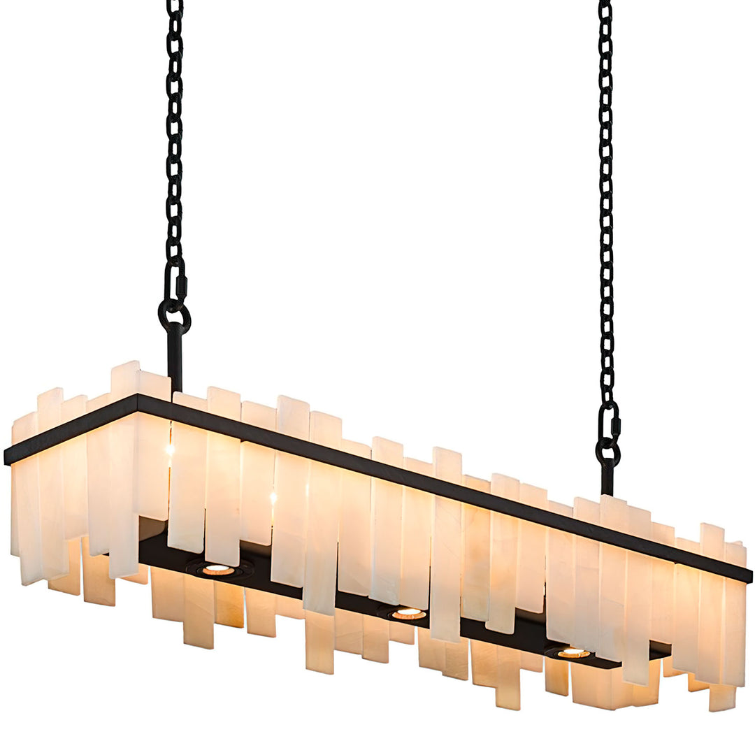 Harmony linear alabaster chandelier with layered natural stone panels and handcrafted wrought iron frame.