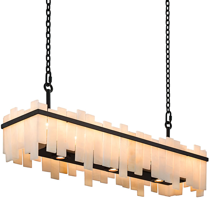 Harmony linear alabaster chandelier with layered natural stone panels and handcrafted wrought iron frame.
