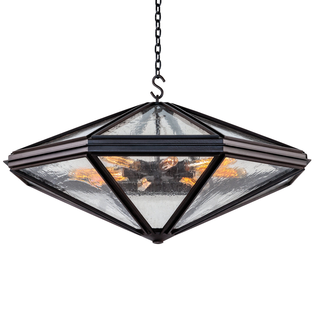 Helena wrought iron lantern pendant with faceted clear glass panels, geometric iron frame, chain suspension, and broad architectural form.