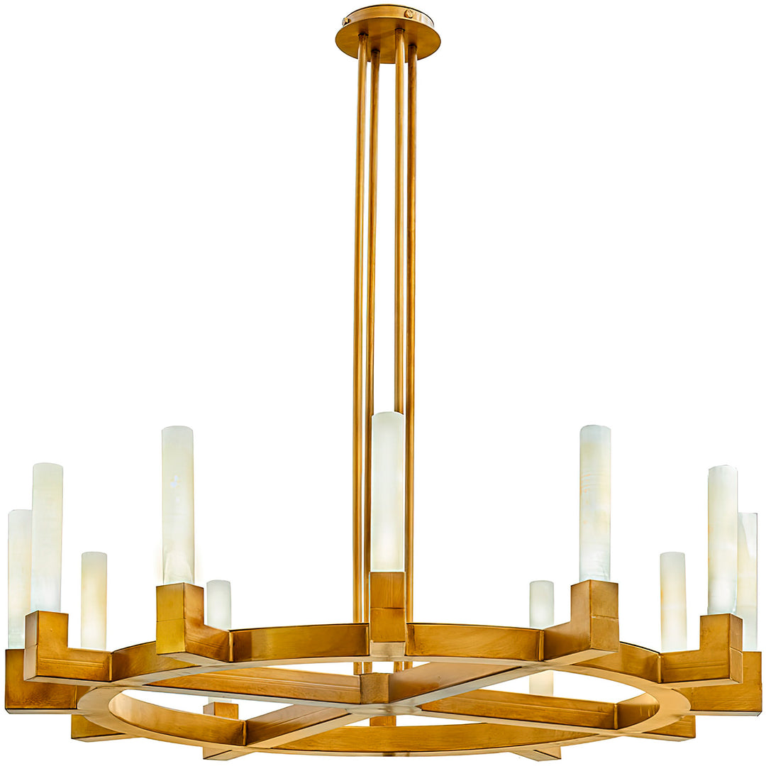 Hudson circular wrought iron chandelier with natural alabaster cylinder shades, architectural ring frame, and four-rod suspension.