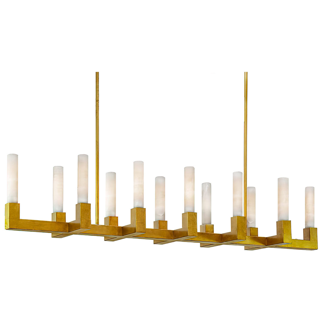 Hudson linear wrought iron chandelier with natural alabaster cylinder shades arranged across an elongated architectural frame.