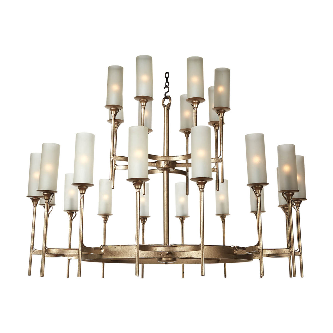 Hunt Frost two tier wrought iron chandelier featuring 24 candle lights arranged on sculptural iron rings for grand architectural lighting