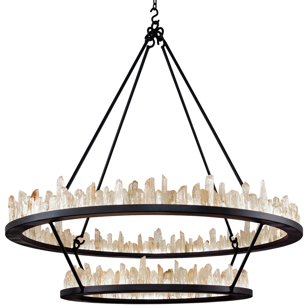 Ice two tier wrought iron quartz chandelier with circular rings and natural quartz crystals handcrafted by ashore lighting dallas texas