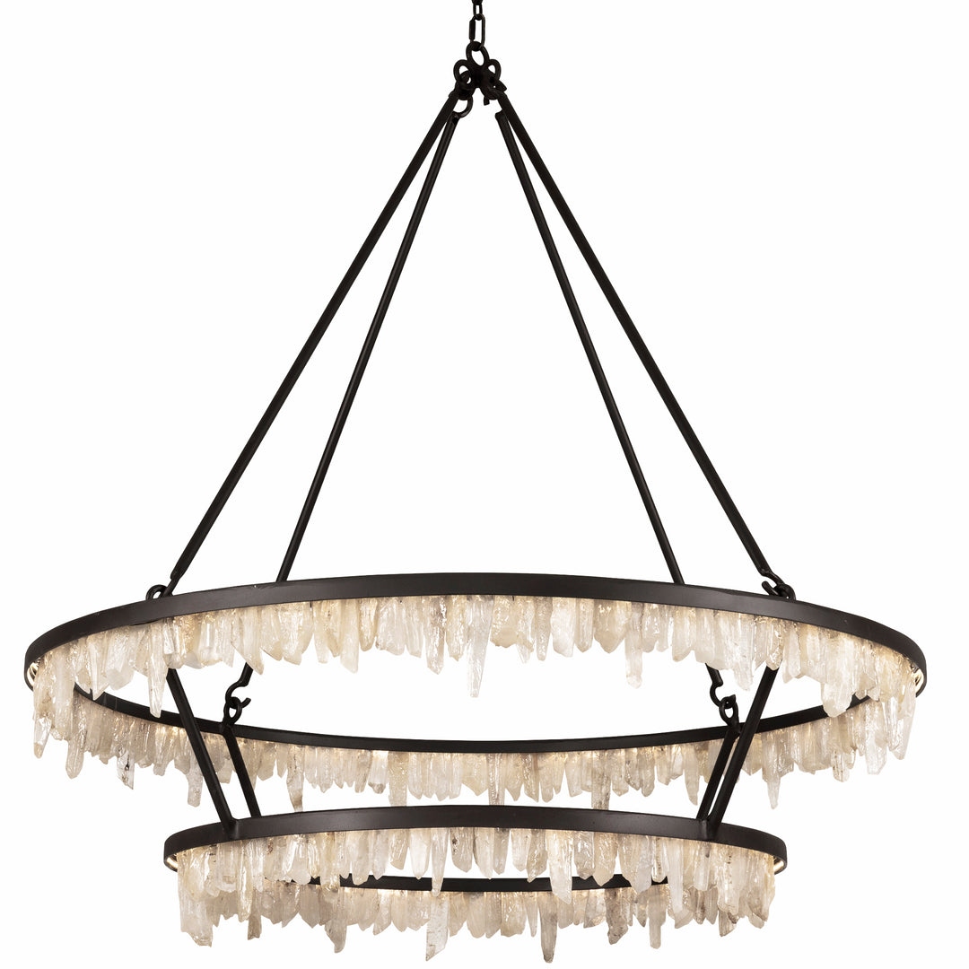 Ice Bailey two-tier wrought iron quartz chandelier with two circular rings lined in cascading natural quartz crystal formations.
