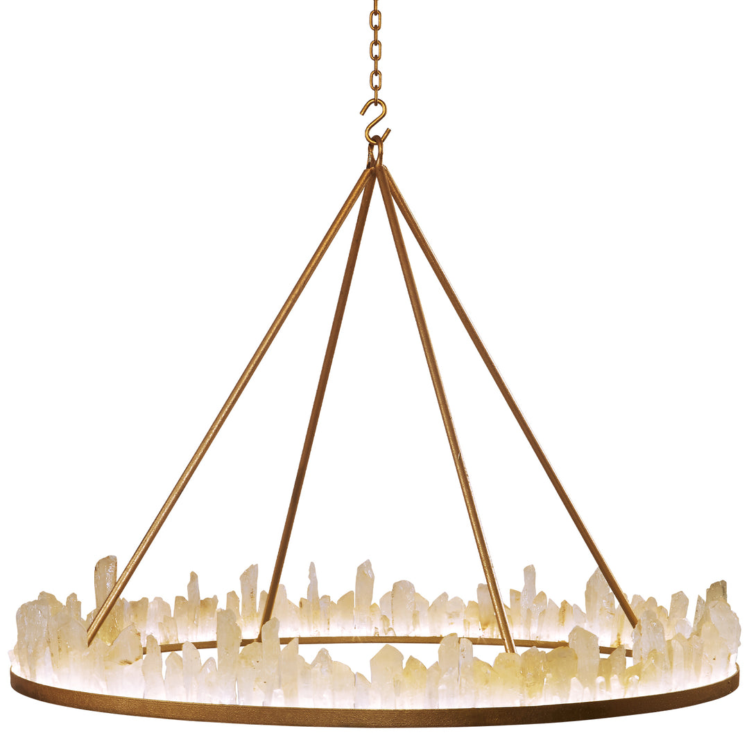 Ice quartz wrought iron chandelier with circular ring and natural quartz crystals handcrafted by ashore lighting dallas texas