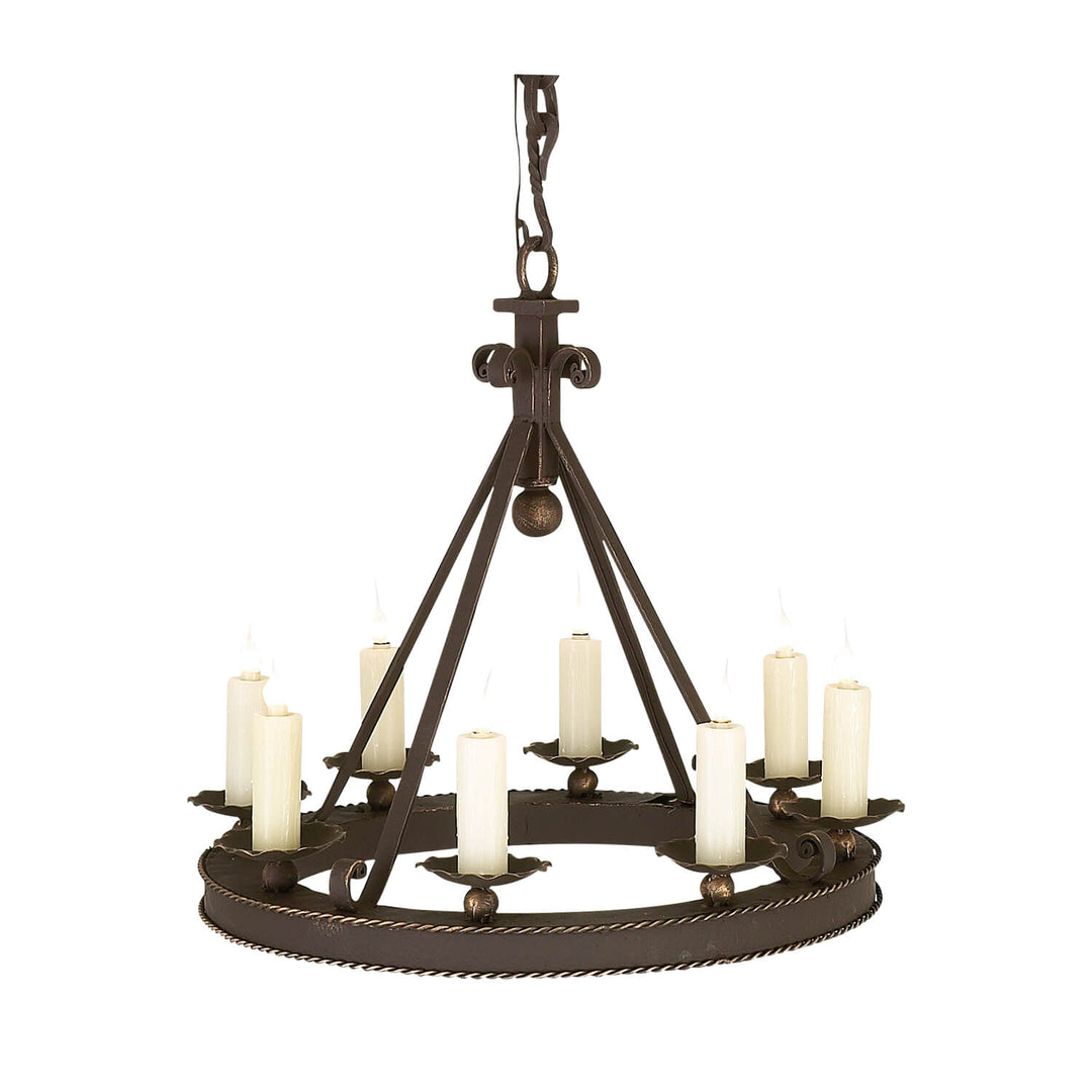 Jones round wrought iron chandelier with hammered circular frame and 6-12 lights, handcrafted in Dallas with optional wax covers or alabaster shades