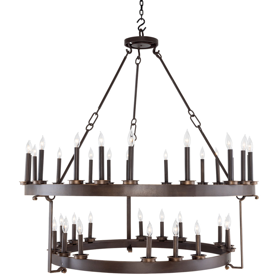 Julian Architectural two-tier wrought iron chandelier with open circular frames and candle-style lights in a large-scale tiered design.