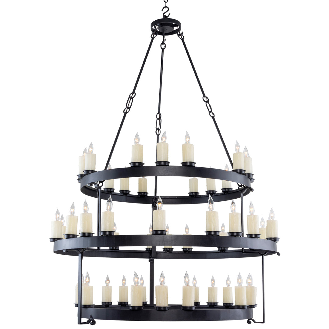 Julian Grand three-tier wrought iron chandelier with circular iron frames and 50–60 candle-style lights for large-scale interiors.