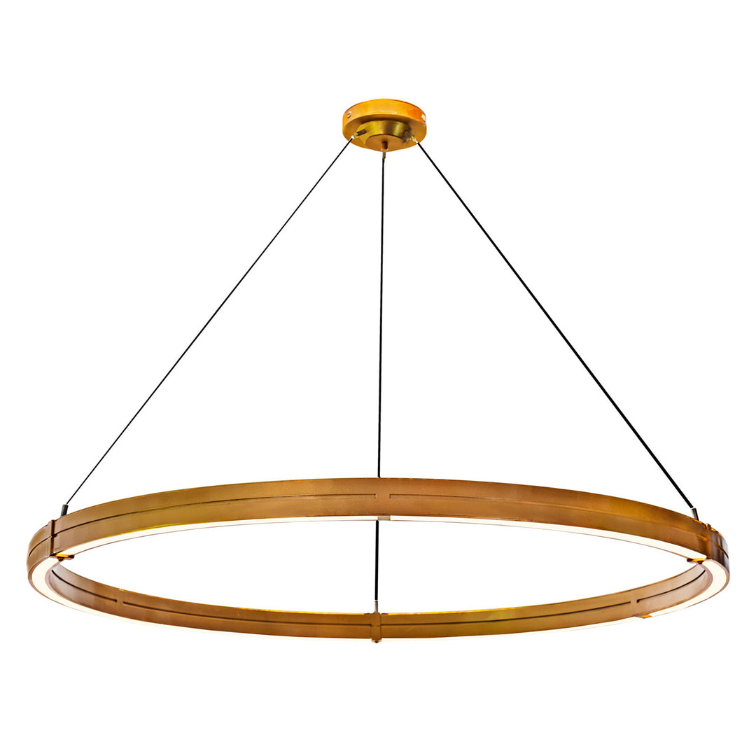 Juniper wrought iron ring chandelier featuring handcrafted forged iron circular frame with modern integrated lighting suspended by cables