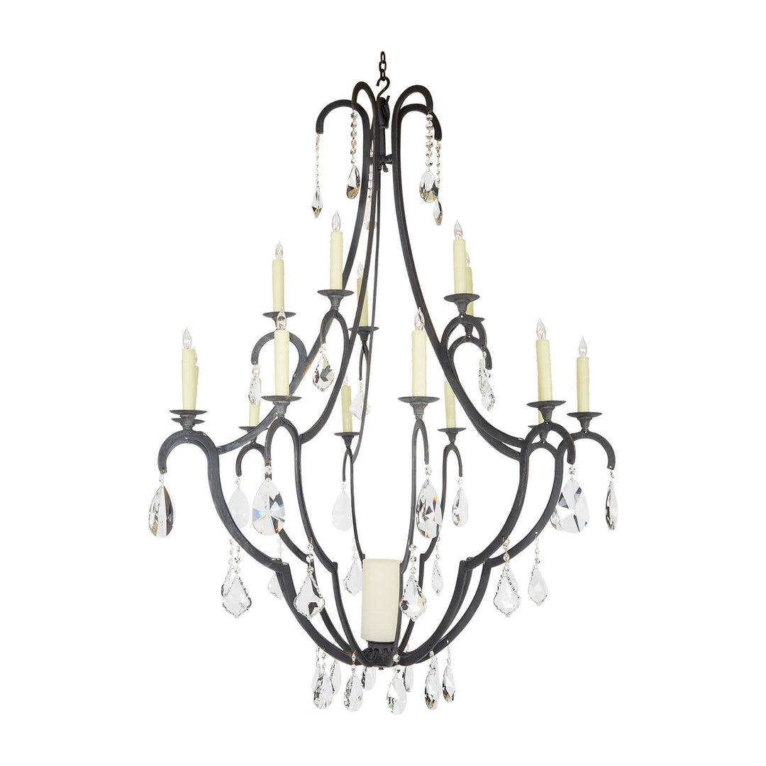 Katy wrought iron crystal chandelier with curved iron arms and hanging crystal accents creating elegant handcrafted chandelier lighting