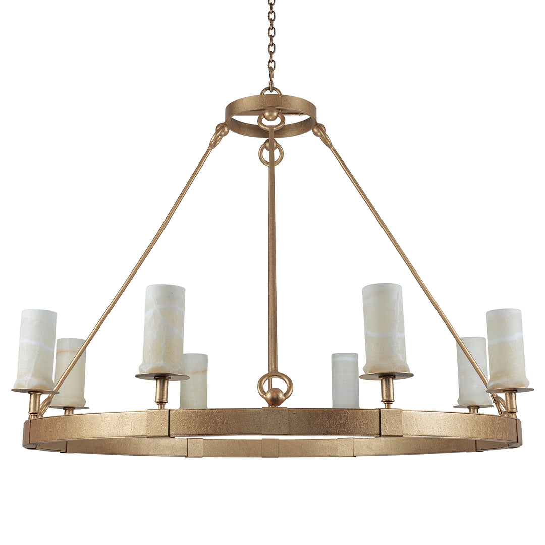 Kimpton wrought iron ring chandelier with tapered suspension supports, forged circular details, and natural alabaster shades.